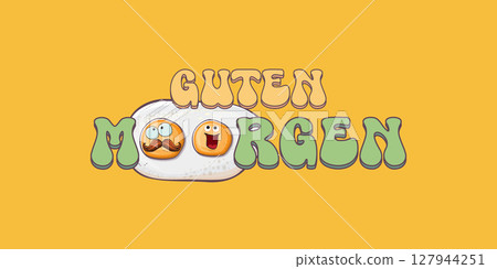 Guten morgen Good Morning in German quote with cute egg character and groovy retro text isolated on pink background. Vector Guten morgen funny slogan and morning cute fried egg. Banner, poster Guten morgen Good Morning in German quote with cute egg character and groovy retro text isolated on pink background. Vector Guten morgen funny slogan and morning cute fried egg. Banner, poster 127944251
