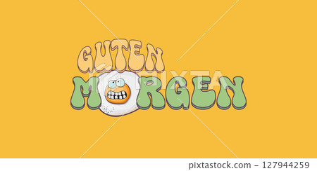 Guten morgen Good Morning in German quote with cute egg character and groovy retro text isolated on pink background. Vector Guten morgen funny slogan and morning cute fried egg. Banner, poster 127944259