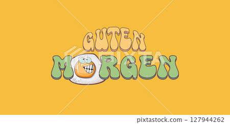 Guten morgen Good Morning in German quote with cute egg character and groovy retro text isolated on pink background. Vector Guten morgen funny slogan and morning cute fried egg. Banner, poster 127944262