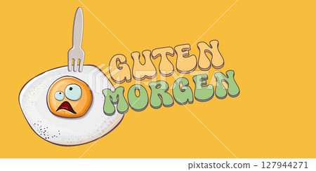 Guten morgen Good Morning in German quote with cute egg character and groovy retro text isolated on pink background. Vector Guten morgen funny slogan and morning cute fried egg. Banner, poster 127944271
