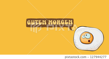 Guten morgen Good Morning in German quote with cute egg character and groovy retro text isolated on pink background. Vector Guten morgen funny slogan and morning cute fried egg. Banner, poster 127944277