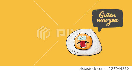 Guten morgen Good Morning in German quote with cute egg character and groovy retro text isolated on pink background. Vector Guten morgen funny slogan and morning cute fried egg. Banner, poster Guten morgen Good Morning in German quote with cute egg character and groovy retro text isolated on pink background. Vector Guten morgen funny slogan and morning cute fried egg. Banner, poster 127944280