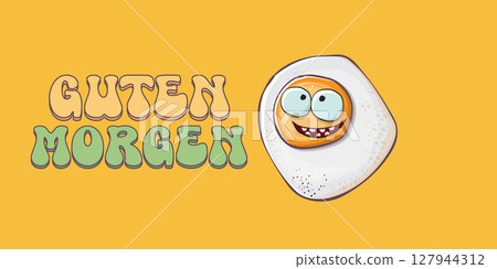 Guten morgen Good Morning in German quote with cute egg character and groovy retro text isolated on pink background. Vector Guten morgen funny slogan and morning cute fried egg. Banner, poster Guten morgen Good Morning in German quote with cute egg character and groovy retro text isolated on pink background. Vector Guten morgen funny slogan and morning cute fried egg. Banner, poster 127944312