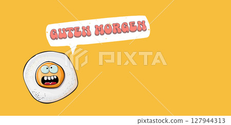 Guten morgen Good Morning in German quote with cute egg character and groovy retro text isolated on pink background. Vector Guten morgen funny slogan and morning cute fried egg. Banner, poster 127944313