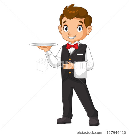 Cute cartoon waiters standing carrying plates 127944410