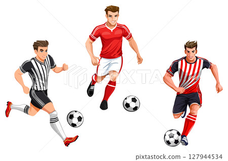 Soccer player man running, kicking ball, active happy boy in sportswear playing football, training, footballer player running with ball, Soccer Player About to Kick the Ball 127944534