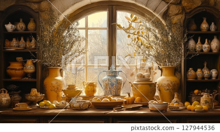 Mediterranean villa window display featuring rustic decorations, vibrant colors, and natural light illuminating charming pottery and fresh fruits arranged harmoniously 127944536