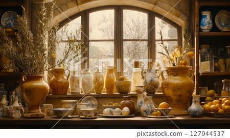 Mediterranean villa window display showcasing intricate decorations, vibrant pottery, and natural elements in cozy interior 127944537