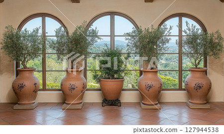 Villa interior showcasing olive trees in decorative clay pots, framed by large arched windows revealing scenic countryside view, rustic elegance defined 127944538