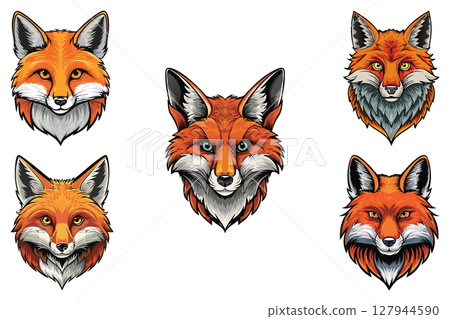 Red fox (Vulpes vulpes) Illustration fox head, vector face red fox, set 127944590