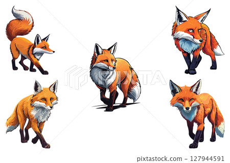Red fox (Vulpes vulpes) Red walking fox with puffy tail, Cute cunning forest animal, An illustration of a red fox with a white chest and tail walking against a white background 127944591