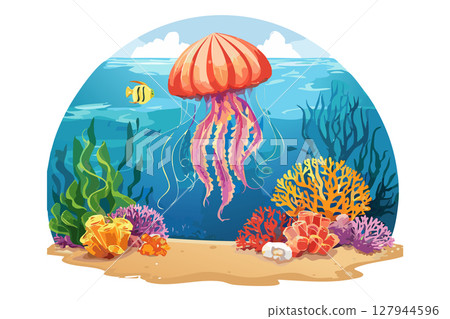 Tropical underwater jellyfish on coral reefs, Sea life in nature, colorful marine landscape, jellyfish in the water 127944596