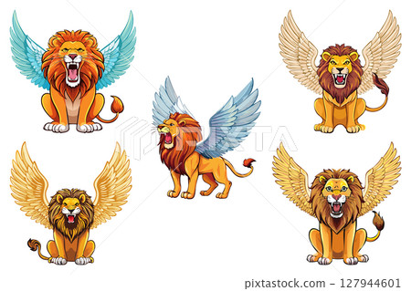Lion with wings, Winged Lion Mythical Creature, Illustration of roaring sitting lion with wing, set 127944601