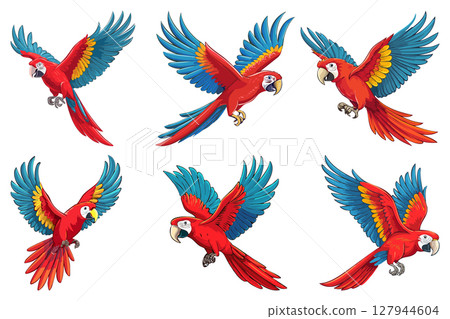 A cartoon Macaw with its wings spread out, Scarlet macaw flying, cartoon bird of tropical jungle. Big yellow, red and blue parrot, flight of cartoon scarlet macaw, set 127944604