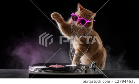 Cool cat mixes tracks at a turntable in a vibrant music atmosphere 127944633