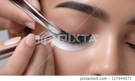 Applying eyelash extensions in a beauty salon during a professional treatment 127944671