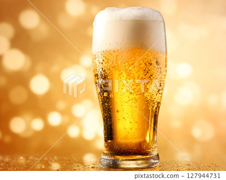 Close-up shot of a beer glass with fine bubbles and golden sparkling 127944731