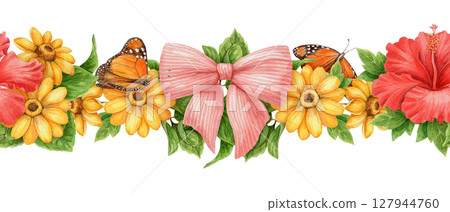 Seamless border with Monarch butterfly and hibiscus flower in vibrant summer theme. Hand drawn watercolor with yellow and pink details. Ideal for card design tropical holiday and floral decoration. Seamless border with Monarch butterfly and hibiscus flower in vibrant summer theme. Hand drawn watercolor with yellow and pink details. Ideal for card design tropical holiday and floral decoration. 127944760