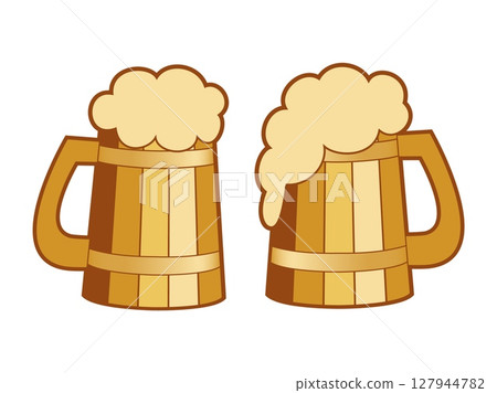Wooden mugs set with beer foam, cartoon flat vector illustration Wooden mugs set with beer foam, cartoon flat vector illustration 127944782