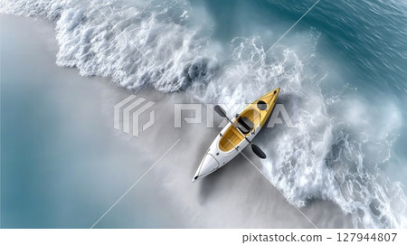 Solitary Gondola in Vast Aqua Sea, Stark Top-Down Perspective of Lonely Boat on Realistic Ocean 127944807