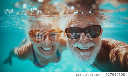 Elderly couple smiling while swimming in clear blue water 127944808