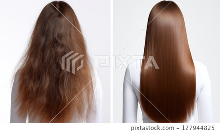 Transforming frizzy hair into sleek, shiny strands with professional techniques Transforming frizzy hair into sleek, shiny strands with professional techniques 127944825