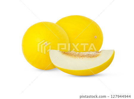 Yellow honeydew melon and slice with seeds isolated, with full depth of field. 127944944