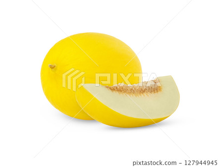 Yellow honeydew melon and separated slice isolated 127944945