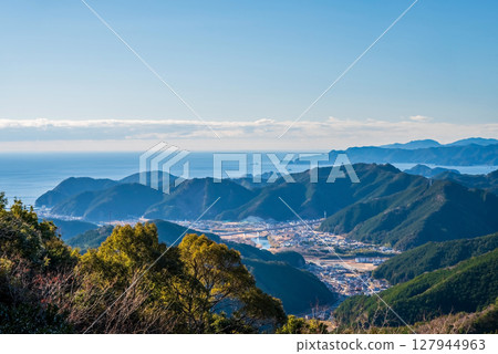 A spectacular view from the observation deck at the summit of Tsuzurato Pass, a World Heritage Site on the Kumano Kodo Iseji route A spectacular view from the observation deck at the summit of Tsuzurato Pass, a World Heritage Site on the Kumano Kodo Iseji route 127944963