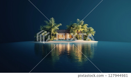 Luxurious tropical villa surrounded by calm waters at night 127944981