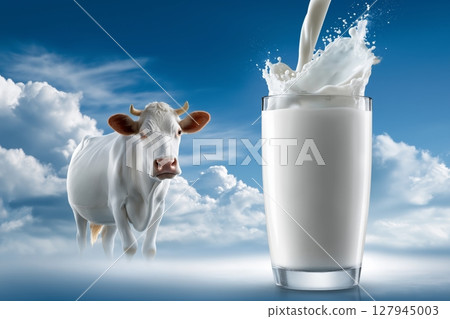 Cow standing with a glass of fresh milk against a blue sky backdrop 127945003