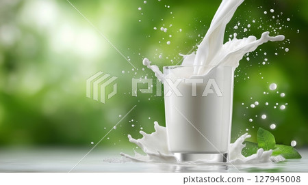 Fresh milk is poured into a glass surrounded by green foliage 127945008