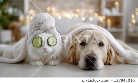 Cute cat and dog relaxing together in cozy setting with towels and cucumbers 127945010