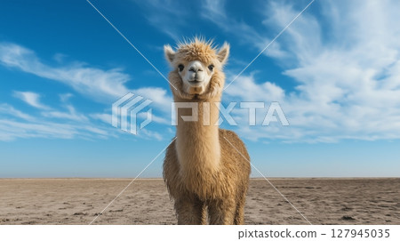 Llama standing on a vast desert landscape under a bright blue sky 127945035
