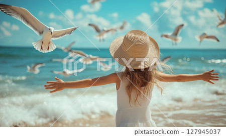 Child welcomes seagulls at the beach during a sunny summer day. AI generated 127945037