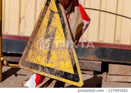 Danger caution sign in port cargo area 127945082