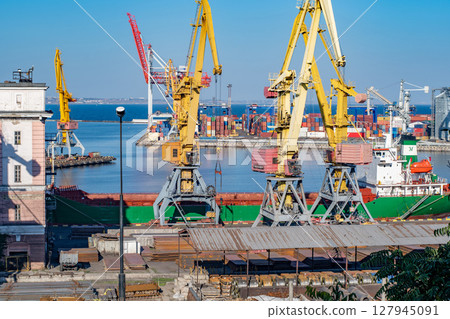 Industrial landscape of sea trading port with heavy loading machinery Industrial landscape of sea trading port with heavy loading machinery 127945091