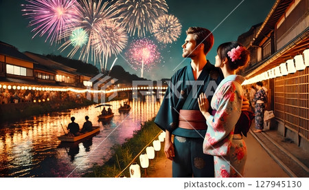 Foreign couple wearing yukatas looking up at fireworks at a Japanese summer fireworks festival. Japanese summer, inbound tourism Foreign couple wearing yukatas looking up at fireworks at a Japanese summer fireworks festival. Japanese summer, inbound tourism 127945130