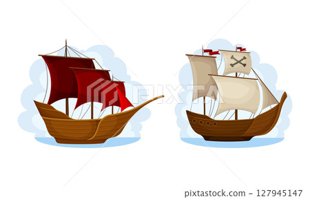 Ship with white and red sails set. Vintage sailing ships with black pirate flags floating on water cartoon vector illustration Ship with white and red sails set. Vintage sailing ships with black pirate flags floating on water cartoon vector illustration 127945147