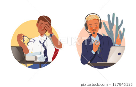 Male office employees performing various activities at workplace set cartoon vector illustration 127945155
