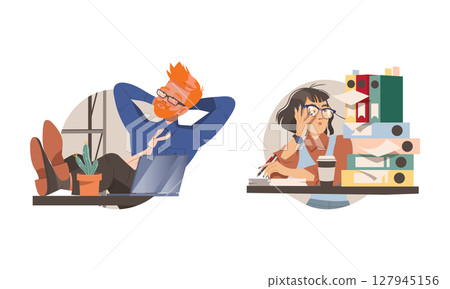 Office employees performing various activities set. Relaxed and overworked business people cartoon vector illustration 127945156