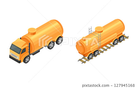 Tanker truck and railroad tank wagon isometric vector illustration 127945168