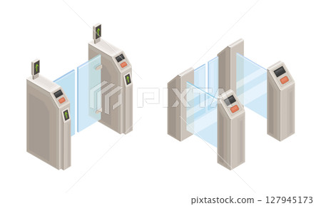 Subway station elements set. Entrance gates. Modern railway transport concept isometric vector illustration 127945173