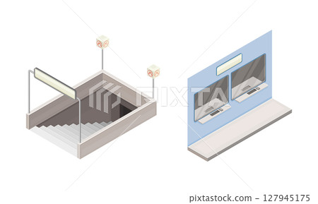 Subway station elements set. Entrance and ticket booth. Modern railway transport concept isometric vector illustration 127945175