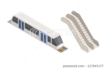 Subway station elements set. Train and escalator. Modern railway transport concept isometric vector illustration 127945177