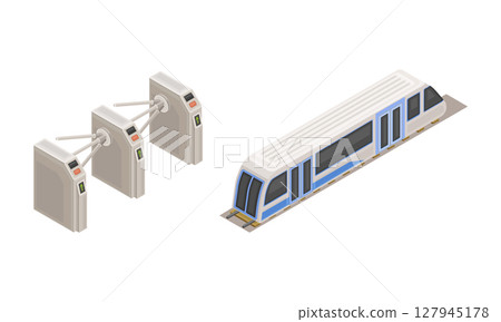 Subway station elements set. Train and entrance gate or turnstile. Modern railway transport concept isometric vector illustration 127945178