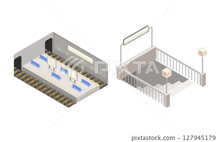 Subway station elements set. Subway platform and entrance. Modern railway transport concept isometric vector illustration 127945179