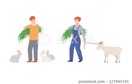 Farmers doing various works on farm. Agricultural workers feeding farm animals cartoon vector illustration 127945191