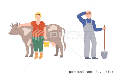 Farmers doing various works on farm. Agricultural workers characters cartoon vector illustration 127945193