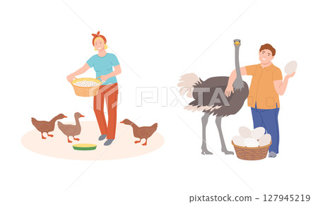Farmers doing various works on farm. Agricultural workers feeding poultry birds cartoon vector illustration Farmers doing various works on farm. Agricultural workers feeding poultry birds cartoon vector illustration 127945219